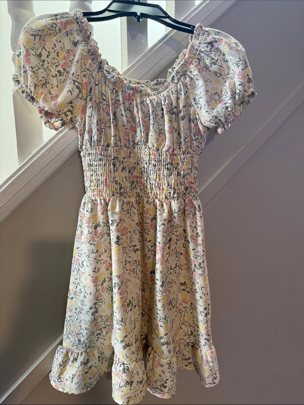 Girls' Cream Floral Smocked Puff-Sleeve Dress